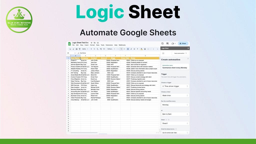 Screenshot of a Google Sheets document using the Logic Sheet add-on to automate tasks. The sheet has multiple rows and columns with options visible on the right side for creating automation rules, showcasing the power of this logic sheet automation tool.