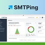 A screen displaying SMTPing Tool verification analytics with charts and graphs. Logo of K.I.S.S. Guru Reviews is in the top-left corner. SMTPing logo is centered at the top, showcasing its efficiency as an email validation and warmup tool.