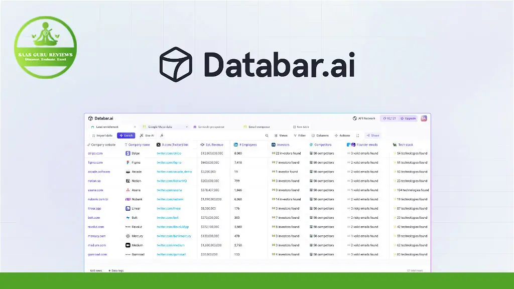Screenshot of a webpage showing a review header from "SaaS Guru Reviews" and an interface from Databar.ai, displaying AI-Powered CRM data fields and entries in a tabular format.
