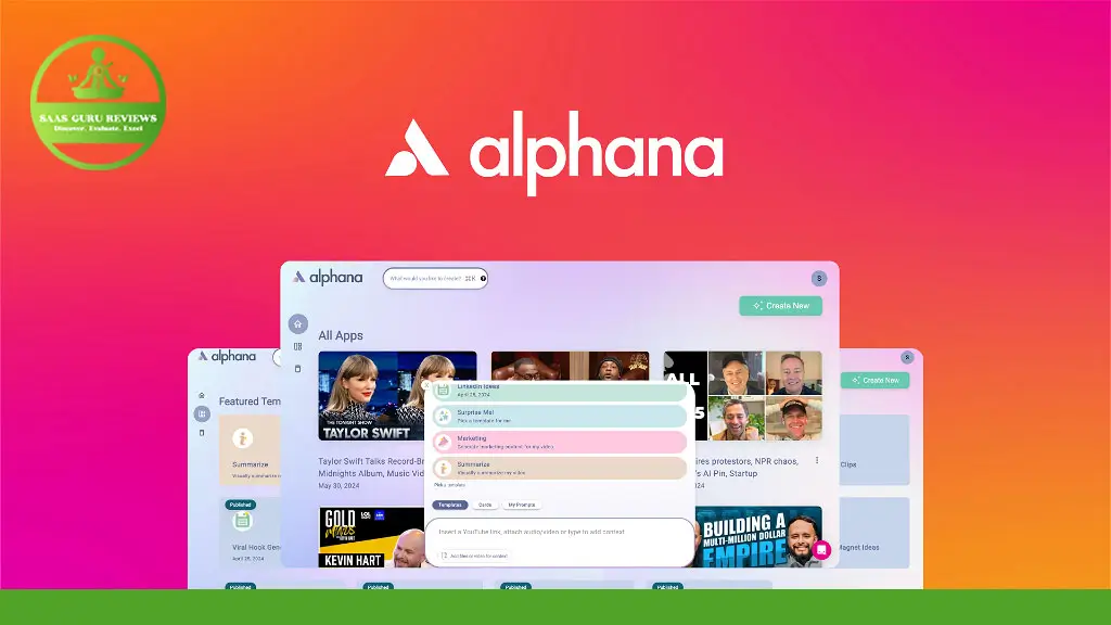 Screenshot of the Alphana 2024 interface showing a search bar, app suggestions, chat features, and various multimedia content thumbnails enhanced by an AI Content Manager. The background is a gradient of pink to orange.