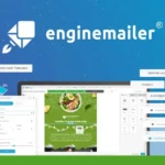 Screenshot of the EngineMailer interface showcasing features such as ready-made templates, analytics, autoresponders, and lead generation tools for creating high-converting email campaigns.