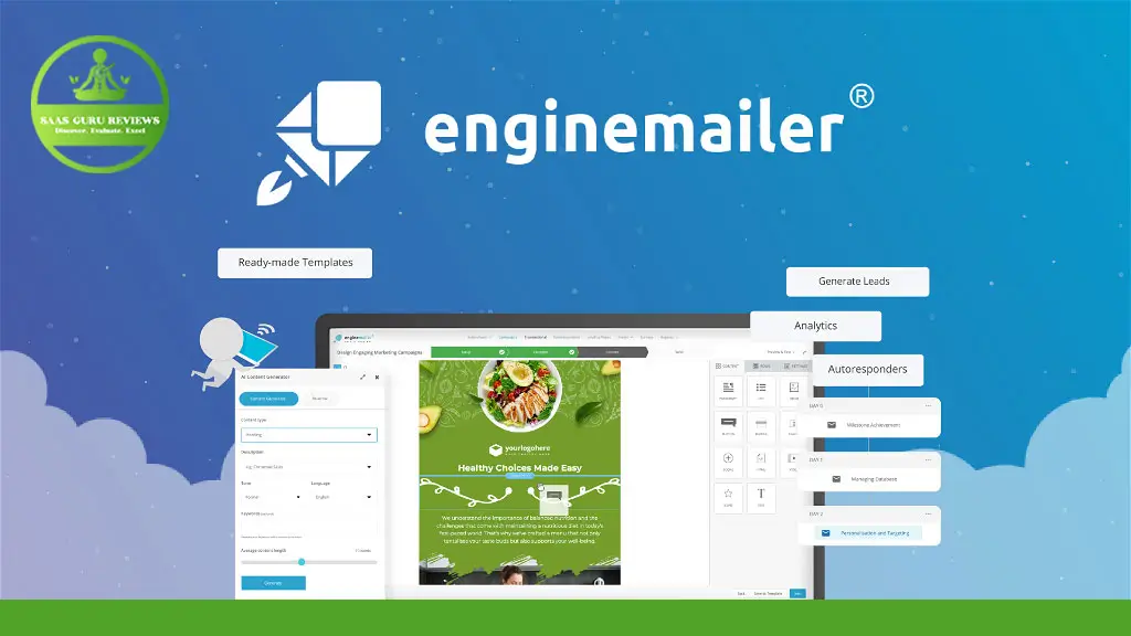 Screenshot of the EngineMailer interface showcasing features such as ready-made templates, analytics, autoresponders, and lead generation tools for creating high-converting email campaigns.