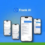 Four smartphones display various interactions with the Frank AI app on a blue background, highlighting its functionality as the ultimate tool & app for LinkedIn networking. The K.A.S. GURU REVIEWS logo is in the upper left corner.