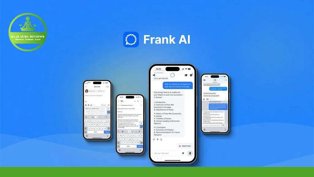 Four smartphones display various interactions with the Frank AI app on a blue background, highlighting its functionality as the ultimate tool & app for LinkedIn networking. The K.A.S. GURU REVIEWS logo is in the upper left corner.
