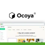 Screenshot of a webpage from Ocoya, a platform for creating and publishing content with AI-powered tools for social media management, blog posts, and marketing materials.
