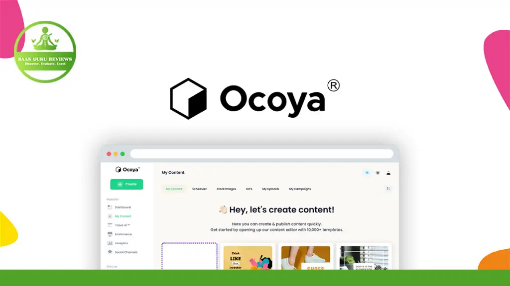 Screenshot of a webpage from Ocoya, a platform for creating and publishing content with AI-powered tools for social media management, blog posts, and marketing materials.