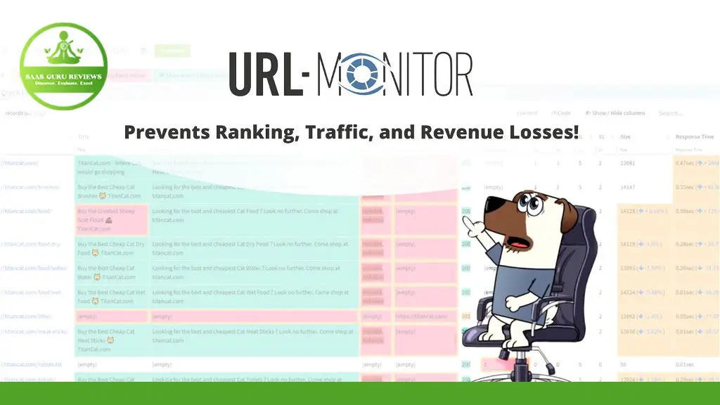 A cartoon dog in a suit sits on an office chair pointing to a computer screen, promoting a service called URL Monitor that prevents ranking, traffic, and revenue losses by ensuring effective Google Indexing.