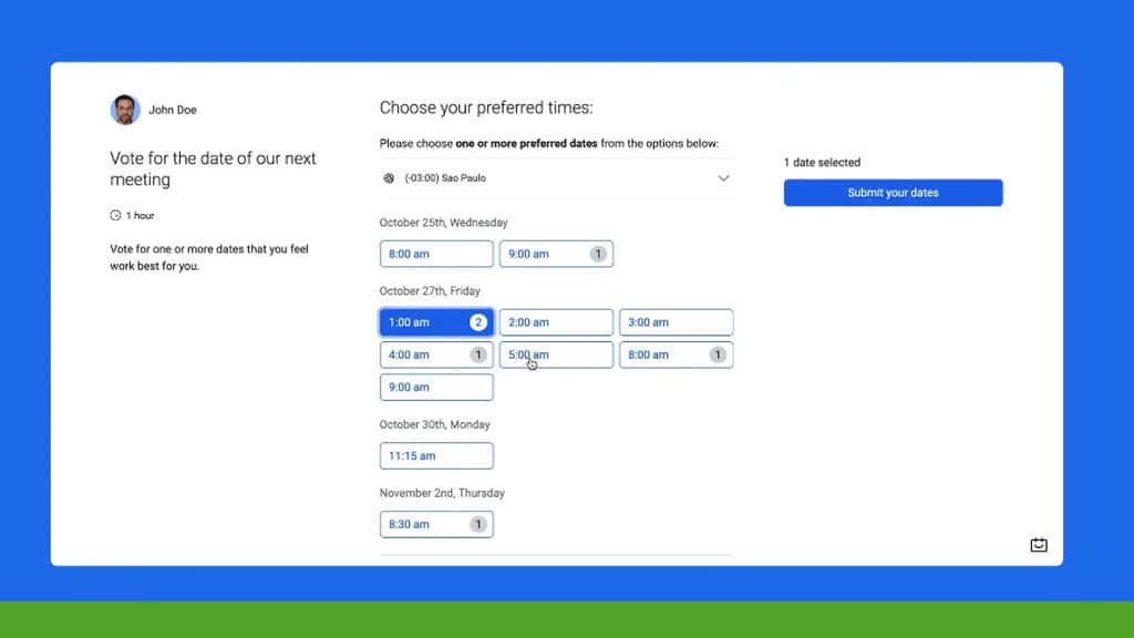 The TidyCal meeting scheduling interface presents date options for October 27, October 30, and November 2. A time of 1:00 am on October 27 is selected. The "Submit your dates" button completes the streamlined process.