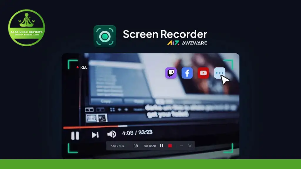 The screen displays the AWZ Screen Recorder interface with social media icons and a progress bar. Logos for "A.I.S. Guru Reviews" and "Awzware" are visible at the top, promoting the ultimate screen recorder for Windows users.