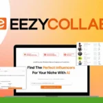 A laptop displaying the AI-powered influencer marketing platform page titled "EezyCollab," with floating thumbnails showing influencer profiles and campaign details. A green "SaaS Club Reviews" logo is in the top left corner highlights affordability.