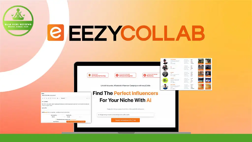 A laptop displaying the AI-powered influencer marketing platform page titled "EezyCollab," with floating thumbnails showing influencer profiles and campaign details. A green "SaaS Club Reviews" logo is in the top left corner highlights affordability.