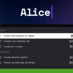 Alice AI offers a robust task management interface with options like "Check and analyse my tasks," "Create new meeting link," "Create an invoice," "Create Spotify playlist," and "Check my earnings on Stripe." Revolutionize tasks effortlessly with this cutting-edge AI assistant.