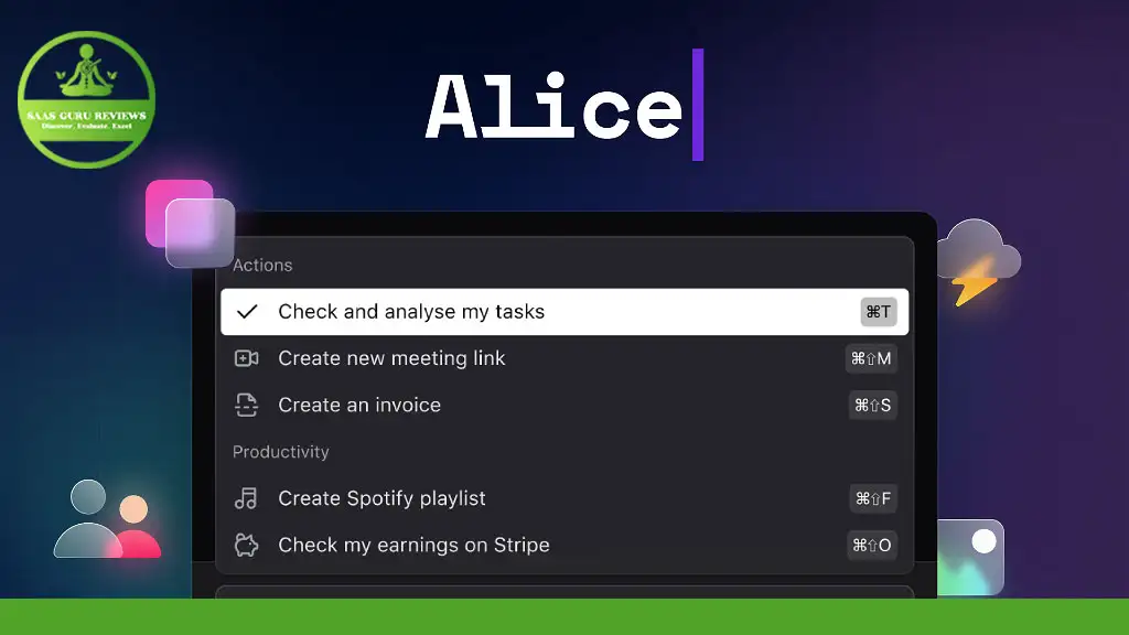 Alice AI offers a robust task management interface with options like "Check and analyse my tasks," "Create new meeting link," "Create an invoice," "Create Spotify playlist," and "Check my earnings on Stripe." Revolutionize tasks effortlessly with this cutting-edge AI assistant.