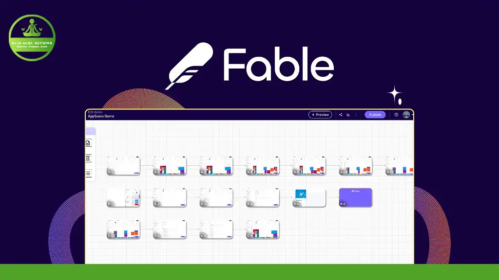 A screenshot of a dashboard from the software "Fable," displaying a workflow with multiple interconnected nodes representing different tasks and data points, perfect for exploring through interactive demos.