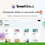 Screenshot of SmartSlide.ai's homepage showcasing its slide generator tool with templates for pitch decks, marketing plans, business overviews, and sales reports. Multiple professional slide examples are displayed. Don't miss out on the Lifetime Deal!