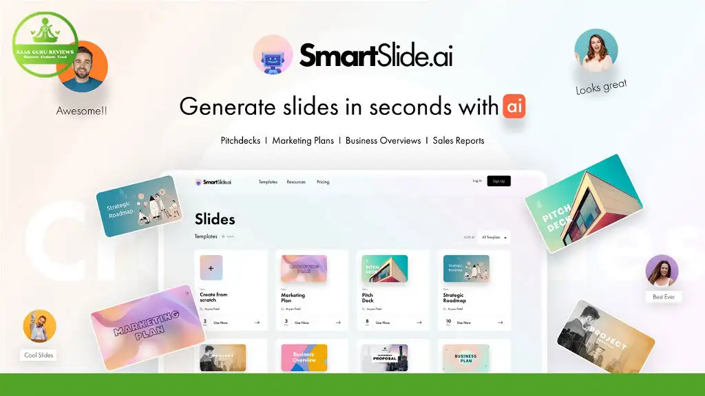 Screenshot of SmartSlide.ai's homepage showcasing its slide generator tool with templates for pitch decks, marketing plans, business overviews, and sales reports. Multiple professional slide examples are displayed. Don't miss out on the Lifetime Deal!