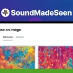 A screenshot of the SoundMadeSeen website interface. The screen shows the option to choose an image, with tabs labeled 'Upload,' 'Generate,' and 'Library.' Two abstract images are displayed as choices. Integrate stunning videos seamlessly with your audio content using SoundMadeSeen.