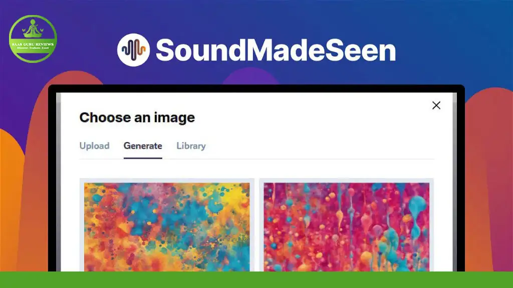 A screenshot of the SoundMadeSeen website interface. The screen shows the option to choose an image, with tabs labeled 'Upload,' 'Generate,' and 'Library.' Two abstract images are displayed as choices. Integrate stunning videos seamlessly with your audio content using SoundMadeSeen.