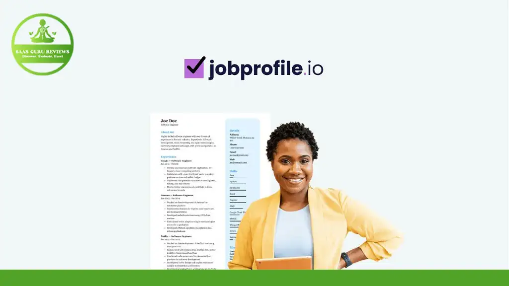 A person smiling and holding a tablet stands next to a resume, showcasing the capabilities of JobProfile.io. The logo of "jobprofile.io" is prominently displayed at the top center, highlighting their Free Resume tools.