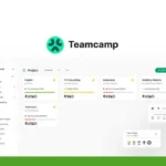 Screenshot of the Teamcamp software interface displaying various team projects, tasks, and member avatars. AppSumo Feature highlights how Teamcamp helps streamline project management for activities like TO Accounting, Salescamp, and Wedding Website.
