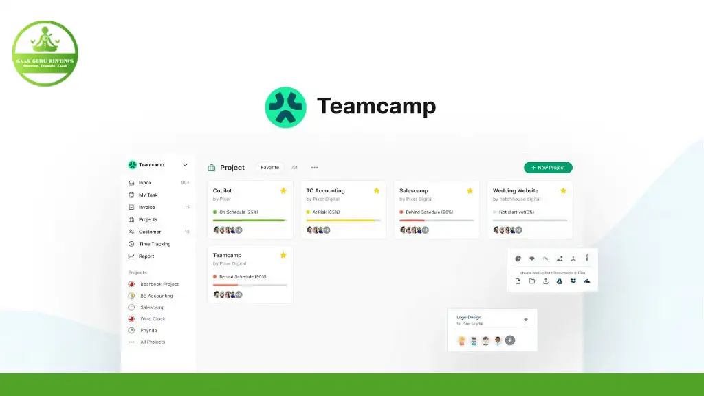Screenshot of the Teamcamp software interface displaying various team projects, tasks, and member avatars. AppSumo Feature highlights how Teamcamp helps streamline project management for activities like TO Accounting, Salescamp, and Wedding Website.