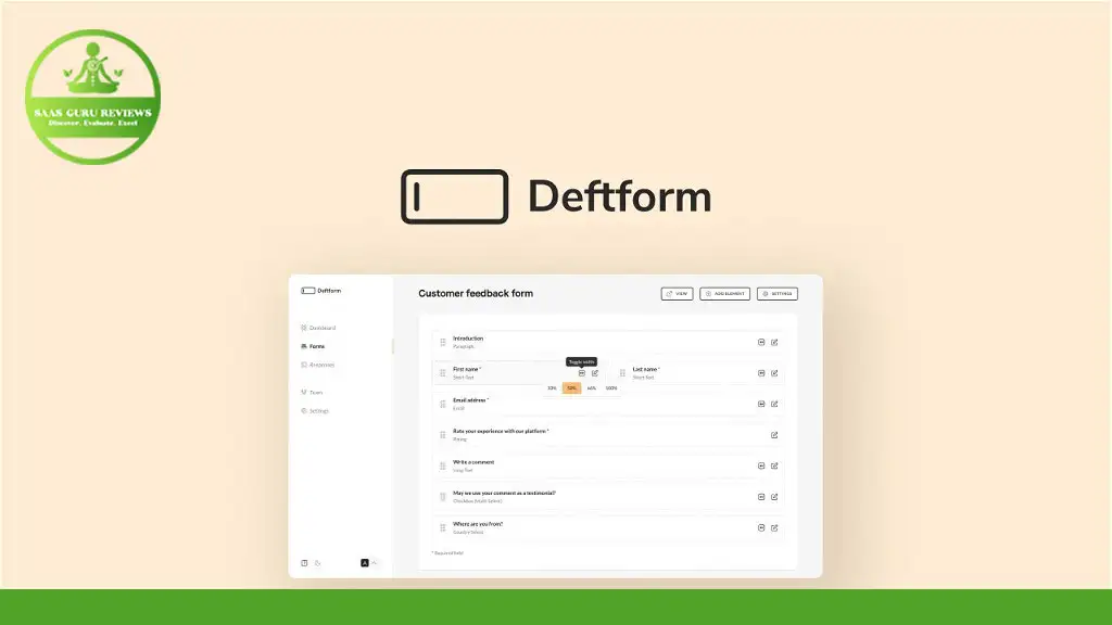 A screenshot showcasing a customer feedback form on Deftform, widely regarded as the best form builder. The form includes sections for introduction, contact information, feedback, and suggestions. There is a logo on the top left corner.