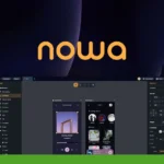 A software interface for a professional app builder displaying a design tool with various options and windows; the word "nowa" is prominently shown at the top.