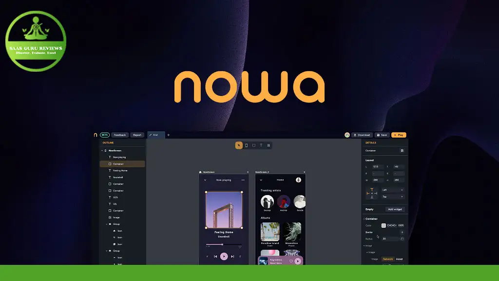 A software interface for a professional app builder displaying a design tool with various options and windows; the word "nowa" is prominently shown at the top.