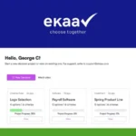 Screenshot of the Ekaav website. It features a greeting, navigation options for decision projects including Logo Selection, Payroll Software, and Spring Product Line, each with progress indicators. Discover lifetime deals on innovative collaborative software solutions.