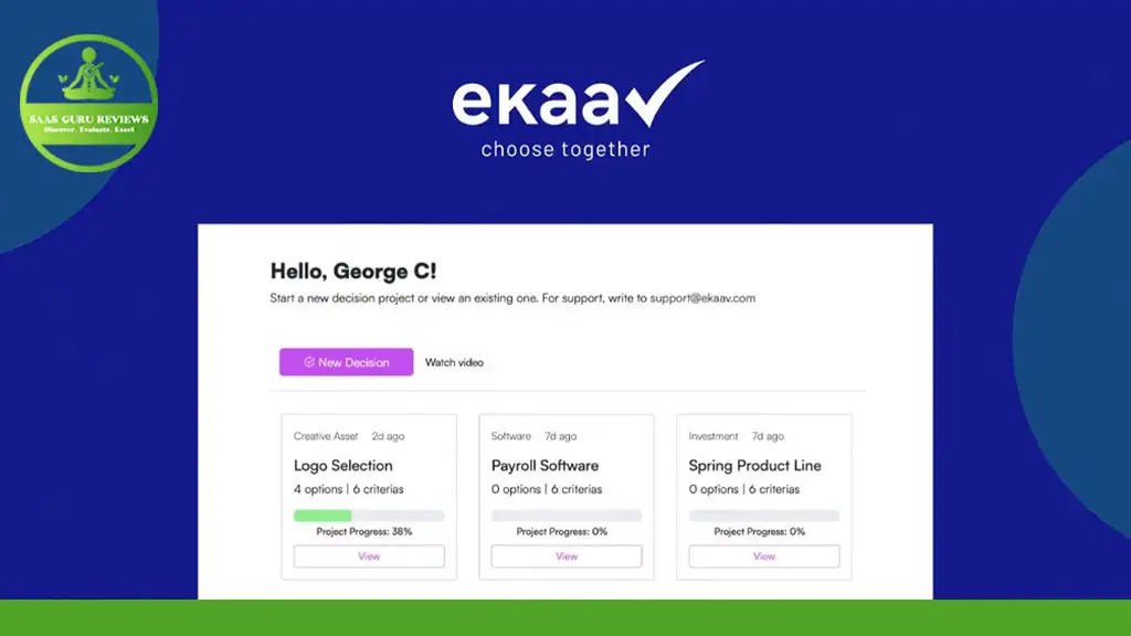 Screenshot of the Ekaav website. It features a greeting, navigation options for decision projects including Logo Selection, Payroll Software, and Spring Product Line, each with progress indicators. Discover lifetime deals on innovative collaborative software solutions.