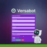 Screenshot of the Versabot website showcasing a form to create a new assistant with fields for details such as name, language, task, and email. A small, white robot icon is present in the bottom right corner. Boost customer engagement effortlessly with this no-code bot deal.