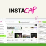 Screenshot of the InstaCap application, displaying a website capture with options like save, share, and comment on the left sidebar. The screen capture also features a green logo and colorful icons around the border.