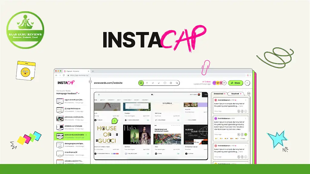 Screenshot of the InstaCap application, displaying a website capture with options like save, share, and comment on the left sidebar. The screen capture also features a green logo and colorful icons around the border.