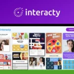 A computer screen displaying the Interacty website interface with various colorful templates and a "Create" button. The image background is purple with the Interacty logo centered at the top, showcasing an interactive experience.