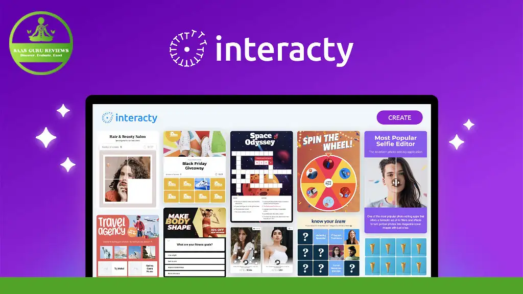 A computer screen displaying the Interacty website interface with various colorful templates and a "Create" button. The image background is purple with the Interacty logo centered at the top, showcasing an interactive experience.