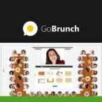 Screenshot of GoBrunch virtual meeting platform, a Zoom alternative, showcasing multiple participants' avatars in a circular layout with the main speaker visible at the top. The “GoBrunch” logo is prominently displayed above, offering an engaging workspace experience.