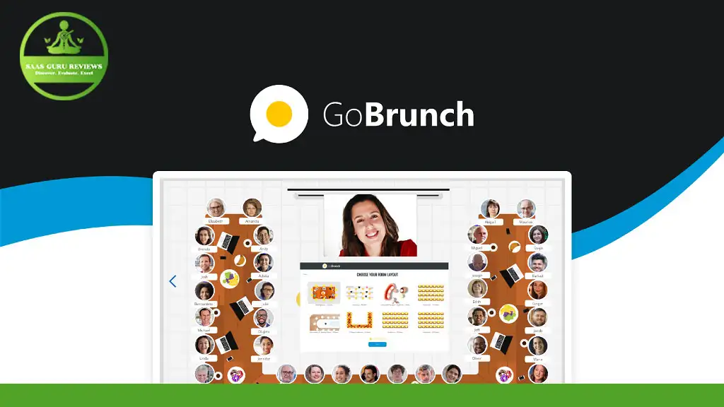 Screenshot of GoBrunch virtual meeting platform, a Zoom alternative, showcasing multiple participants' avatars in a circular layout with the main speaker visible at the top. The “GoBrunch” logo is prominently displayed above, offering an engaging workspace experience.