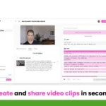 Screenshot of the "Hellooo" app interface, showing a video editing tool with transcription and editing features. Text overlay reads, "Create and share video clips in seconds." Check out this User All-in-One Platform today!