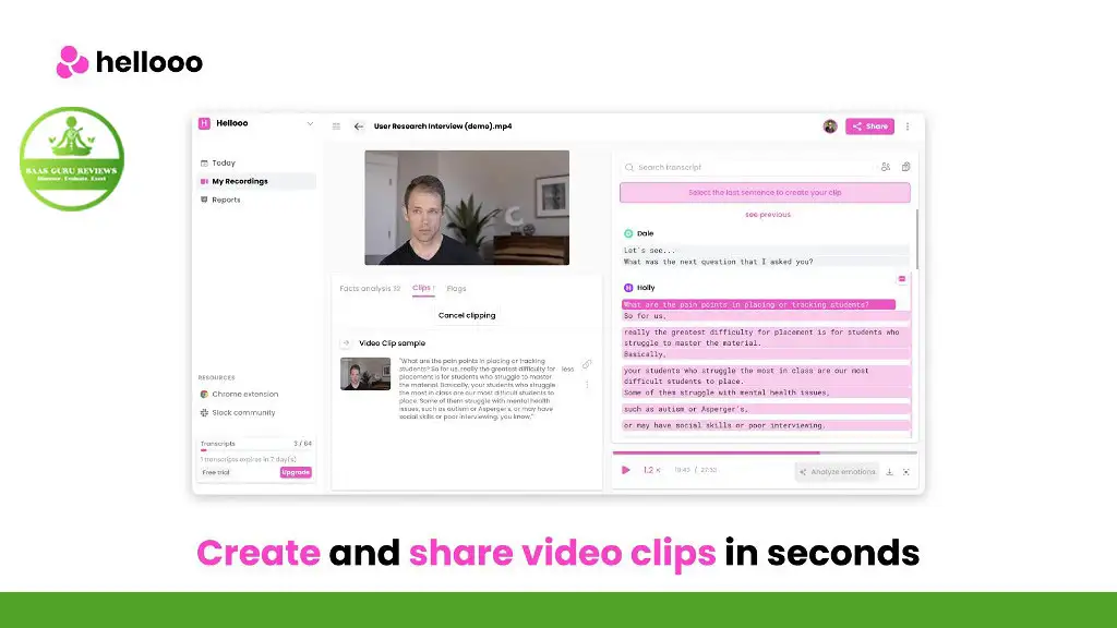 Screenshot of the "Hellooo" app interface, showing a video editing tool with transcription and editing features. Text overlay reads, "Create and share video clips in seconds." Check out this User All-in-One Platform today!