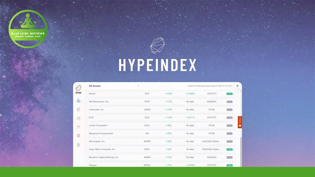 A screenshot displaying the HypeIndex AI platform interface, featuring a list of AI-related assets with their respective symbols, latest prices, and percentage changes under a starry sky background. This accurate stock price tool is receiving rave reviews for 2024.