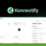 Screenshot of the Konnectify software interface showing a no-code workflow automation setup with various trigger and action steps. The software logo and name are displayed at the top, demonstrating 2024 efficiency.