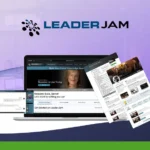 Promotional image featuring the LeaderJam platform displayed on a laptop screen, with additional floating screenshots showcasing various pages and features. Transform your business leadership skills with LeaderJam! Logo of "K LASS GURU REVIEWS" in the top left corner.