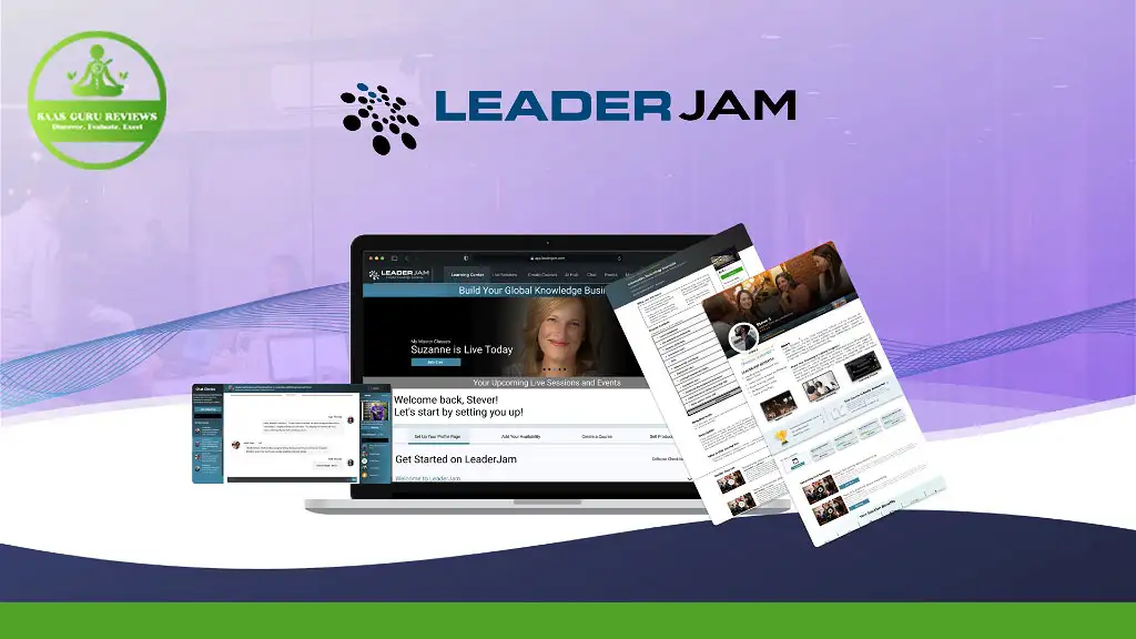 Promotional image featuring the LeaderJam platform displayed on a laptop screen, with additional floating screenshots showcasing various pages and features. Transform your business leadership skills with LeaderJam! Logo of "K LASS GURU REVIEWS" in the top left corner.