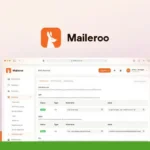 The Maileroo email service interface is displayed on a computer screen with its signature kangaroo logo. The screen showcases DNS records management settings, and in the top left corner, a "SAAS Guru Reviews" seal is visible. Enjoy exclusive pricing and reliable email delivery with Maileroo.