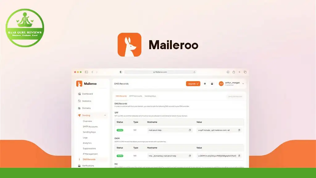 The Maileroo email service interface is displayed on a computer screen with its signature kangaroo logo. The screen showcases DNS records management settings, and in the top left corner, a "SAAS Guru Reviews" seal is visible. Enjoy exclusive pricing and reliable email delivery with Maileroo.