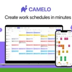 A laptop and a smartphone display the Camelo scheduling app's interface for creating work schedules. The slogan "Create work schedules in minutes" is displayed at the top. Icons for shift planning and verifying tasks are shown, making it easy to manage your team with this free online tool.