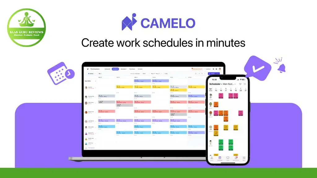 A laptop and a smartphone display the Camelo scheduling app's interface for creating work schedules. The slogan "Create work schedules in minutes" is displayed at the top. Icons for shift planning and verifying tasks are shown, making it easy to manage your team with this free online tool.