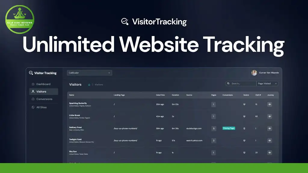 A computer screen displaying a Visitor Tracking dashboard with the text "Unlimited Website Tracking" at the top, alongside a detailed list of visitors and conversion data, ensuring you can track every visitor effortlessly.
