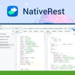 Screenshot of the Native REST API Client interface displaying various HTTP requests and JSON responses. The app, available on macOS, Windows, and Linux, is highlighted by an icon in the top-left corner. Discover more on AppSumo.