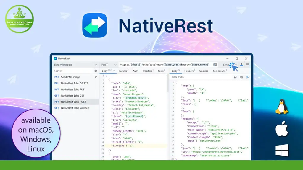 Screenshot of the Native REST API Client interface displaying various HTTP requests and JSON responses. The app, available on macOS, Windows, and Linux, is highlighted by an icon in the top-left corner. Discover more on AppSumo.